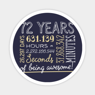 72nd Birthday Gifts - 72 Years of being Awesome in Hours & Seconds Magnet